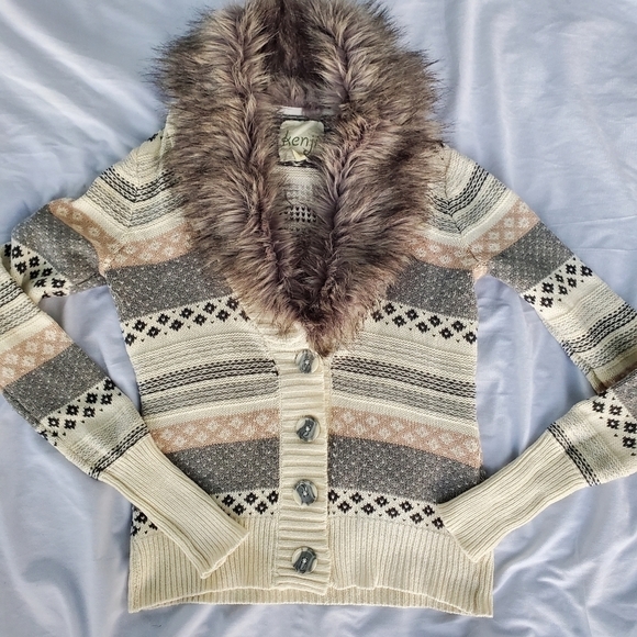 Kenji Sweaters - 𝅺Kenji Faux Fur Collared Button Up Cardigan Sweater Y2K Sz Large